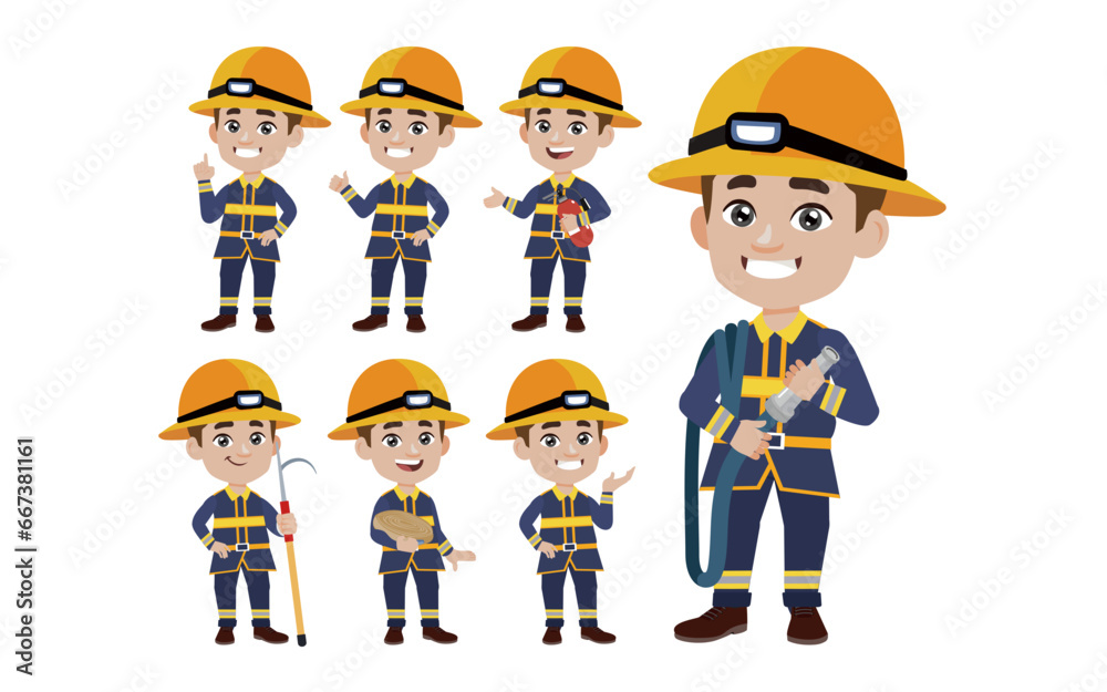 Set of fireman with different poses Set of fireman with different poses