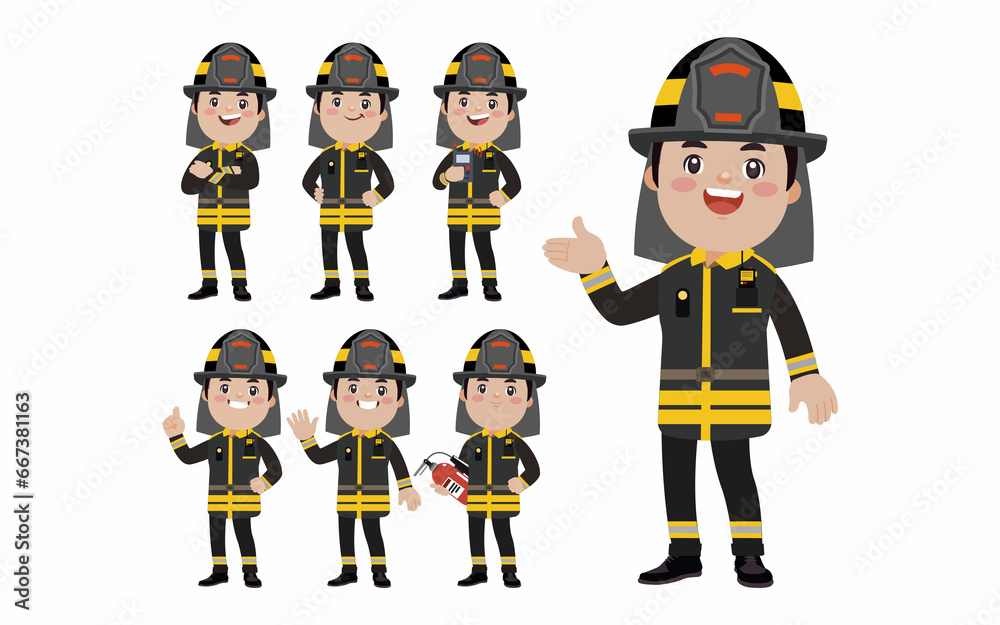 Set of fireman with different poses Set of fireman with different poses