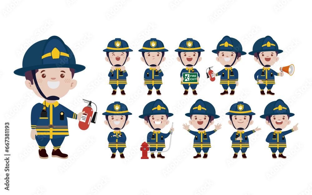 Set of fireman with different poses