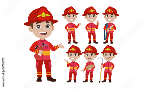 Set of fireman with different poses