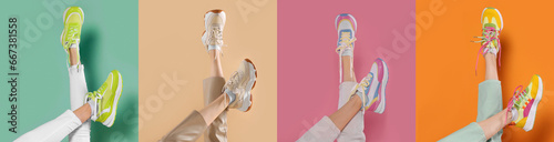 Photos of women in stylish sneakers on different color backgrounds, collage design photo