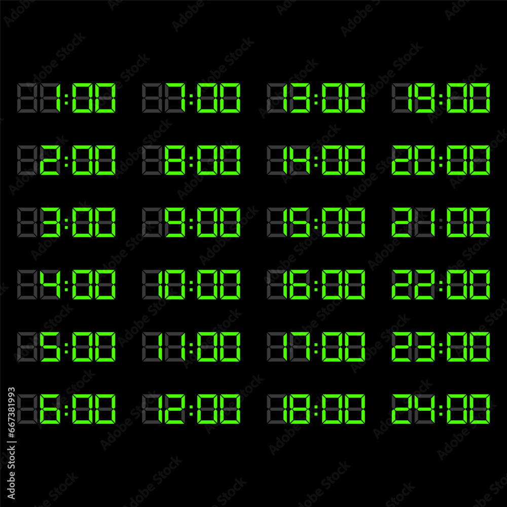 Fashionable green digital alarm clock set. Vector illustration. EPS 10.
