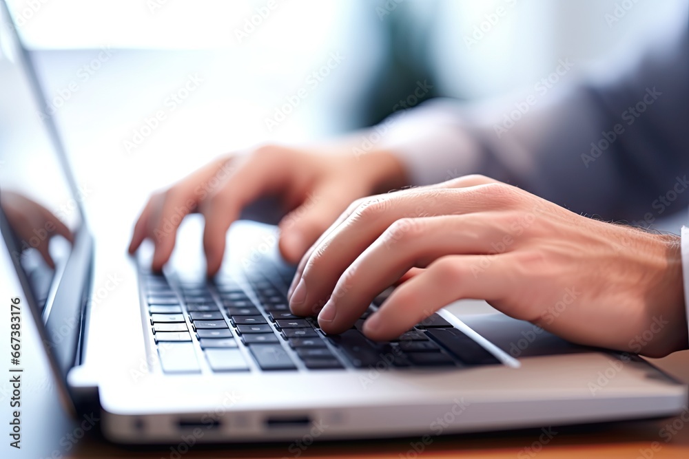Captured in a close-up portrait, a person is seen typing on a laptop computer. They are working online at a white office table, engaged in tasks such as Facebook chat, website meetings, blogging Captured in a close-up portrait, a person is seen typing on a laptop computer. They are working online at a white office table, engaged in tasks such as Facebook chat, website meetings, blogging