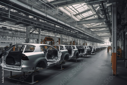 Interior of factory with assembly line for modern cars generative ai © Tohamina