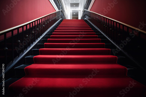 Interior scene of hotel stairs covered with red carpet generative ai