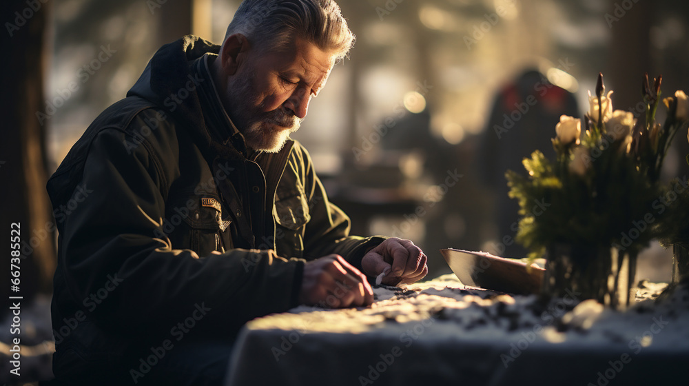 Elderly man in military uniform at graveyard Elderly man in military uniform at graveyard