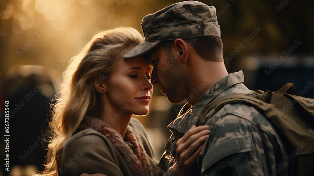 young soldier in military uniform kissing girlfriend in park