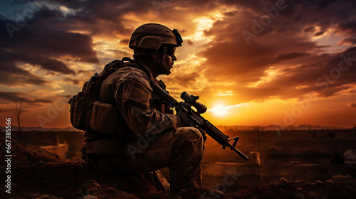 Silhouette of a soldier with a rifle in the mountains at sunset.