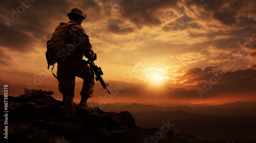 Silhouette of a soldier with a rifle in the mountains at sunset.