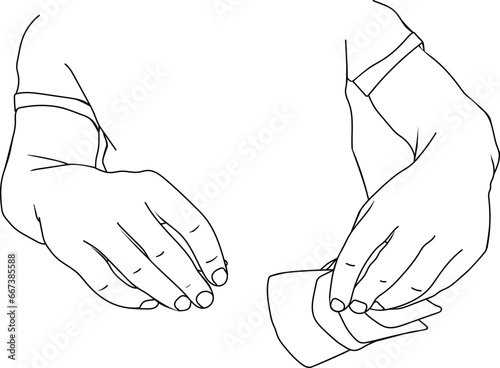 Hands holding cards (poker, blackjack), Tarot card reading, linear drawing, vector.