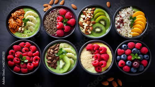 Healthy breakfast bowls with oatmeal, berries, fruits and nuts.
