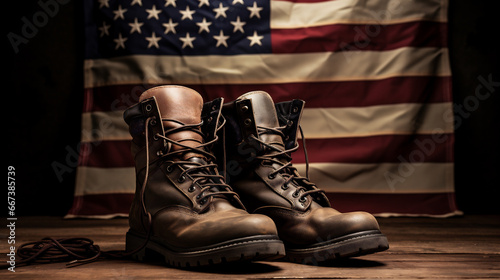 Pair of leather boots on a wooden table against the background of the American flag