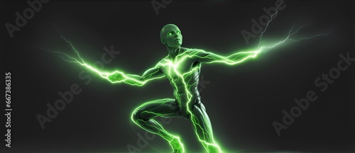 Human like figure emanating green electrical lightning aura on a plain black background from Generative AI