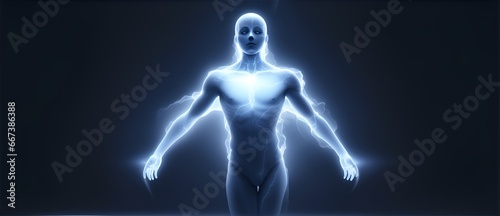 Human like figure emanating white and blue dark aura on a plain black background from Generative AI