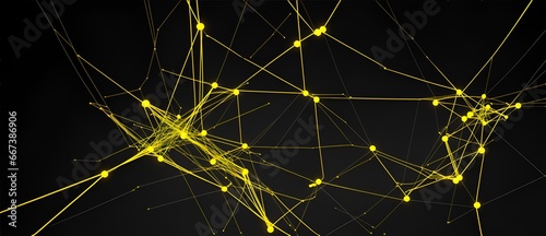 Yellow glowing straight lines and nodes representing neural networks connections in plain black background from Generative AI