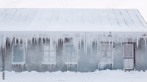 Old house covered in snow, ice, and icicles. Residential building after snowstorm during extreme cold in winter. Village in crisis. photo