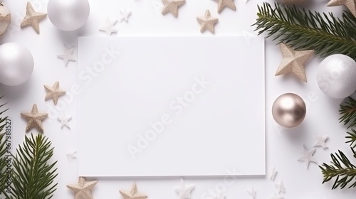 Blank White Greeting Card with Christmas Decoration Around the Card, Copy Space 