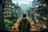 man on rainy city ai generative