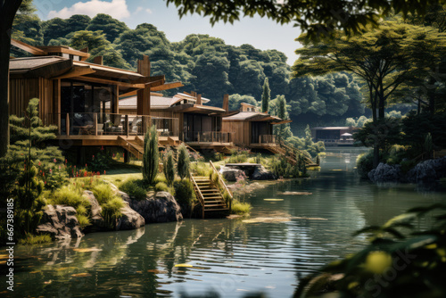 holiday cottages on the banks of a river in the tropics ai generative