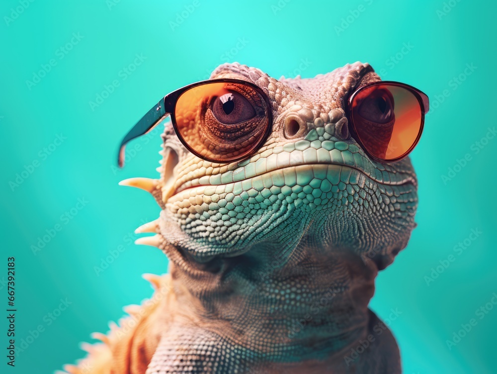 a lizard posing wearing sunglasses, in the style of vivid imagery, cyan and amber, modern photography, light orange and magenta, post-internet aesthetics