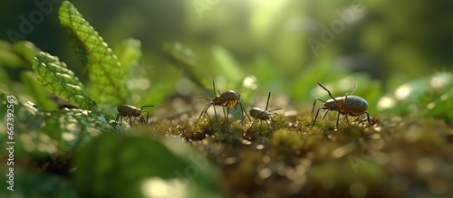 Ants on green leaf with water drops, close up. Nature background © desain