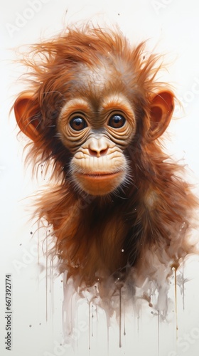 Adorable pastel illustration: Baby orangutan portrait for kids room, clean design on white backdrop.