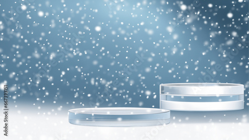 2 layers winter ice glasses podium with snow drop on background with blue background with copy writer space