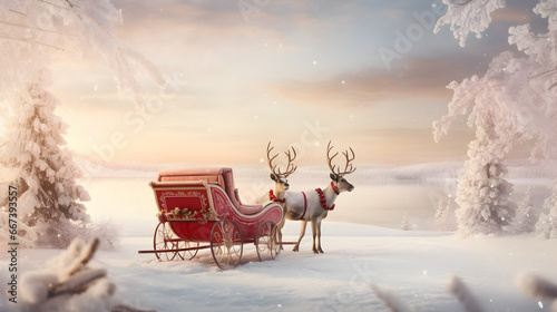 Santa Claus Sleigh, winter sleigh gifts, present gift box, winter evening, Christmas town decorated © elina