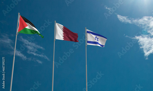qatar israel palestine flag waving texture blue sky cloudy background wallpaper copy space negotiation agreement prisoner citizen west asia capital doha country city government politic harbor minaret 