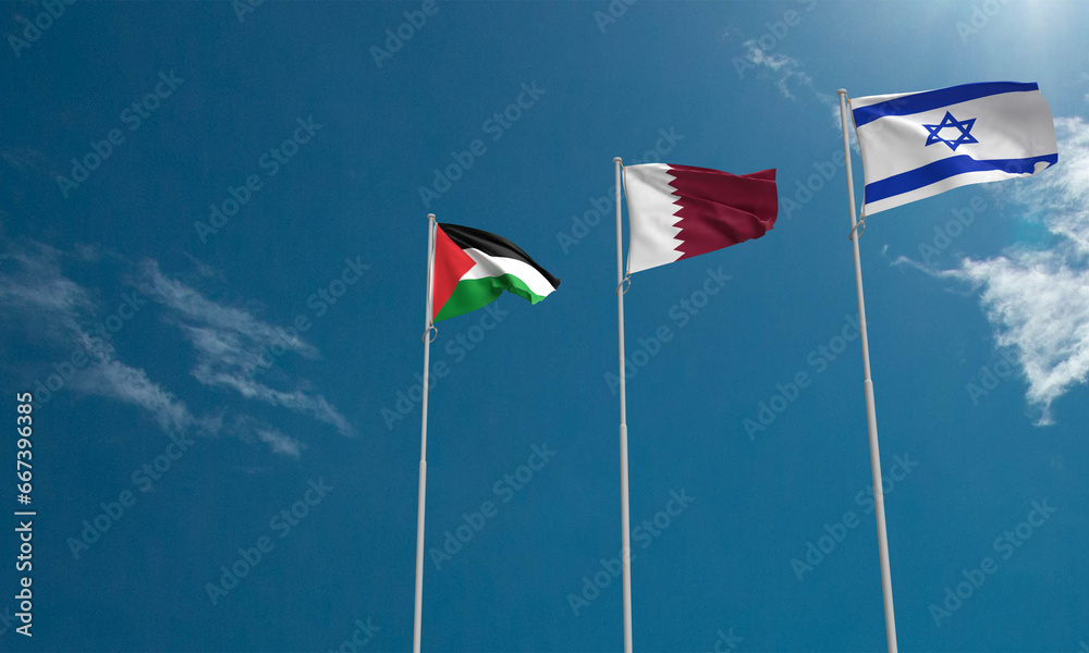 israel qatar palestine flag waving cloud blue sky background wallpaper copy space empty freedom war military gaza city vs soldier government politic business middle east aid fight support independence