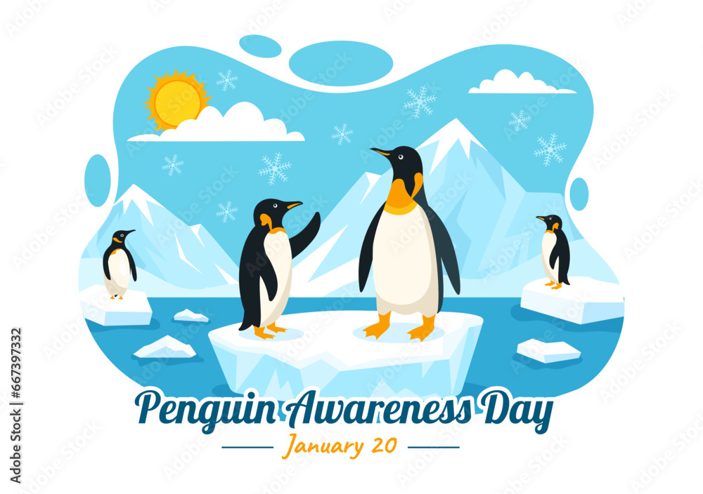 Obraz premium Penguin Awareness Day Vector Illustration on 20 January with Penguins and Iceberg to Conserve Animals in Flat Cartoon Background Design