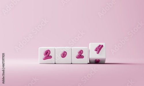 Cube turns from 2023 to 2024 on pink background.3d illustration.