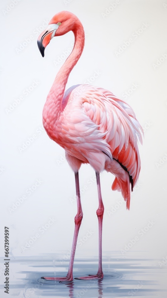 Fototapeta premium Adorable pastel illustration: Pink Flamingo portrait for kids room, clean design on white backdrop.