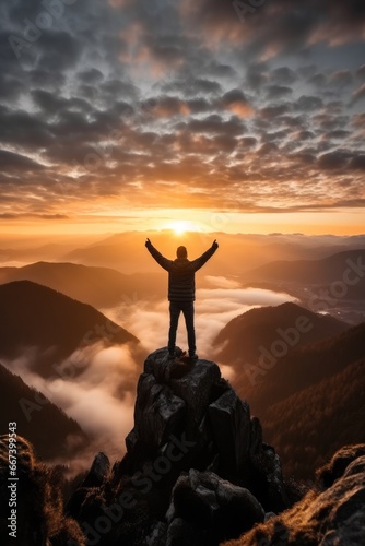 Man standing on top of mountain peak celebrating holding up arms.