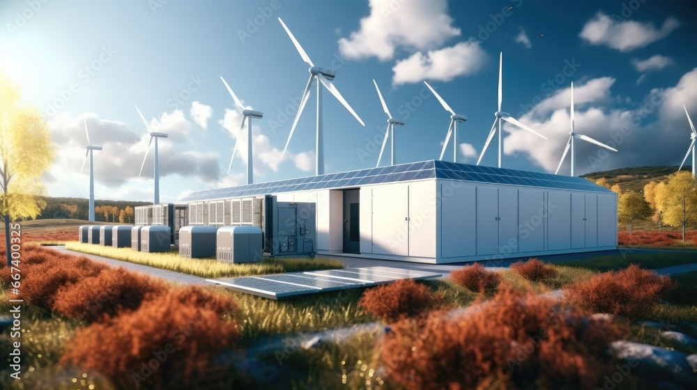 Wind Turbines and Li-ion Battery Container, A modern battery energy storage system with wind turbines and solar. - obrazy, fototapety, plakaty 