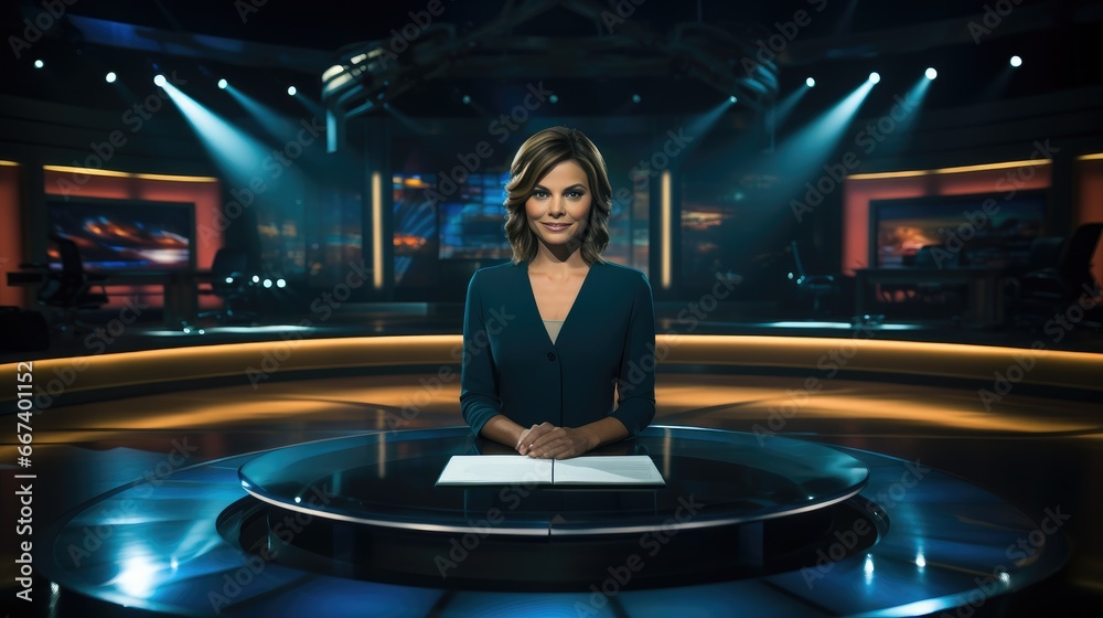 Newsreader in television studio, Female news reader anchor in broadcast tv studio. - obrazy, fototapety, plakaty 
