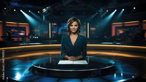 Newsreader in television studio, Female news reader anchor in broadcast tv studio.