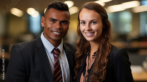 Portrait of aboriginal business man with business woman in office.