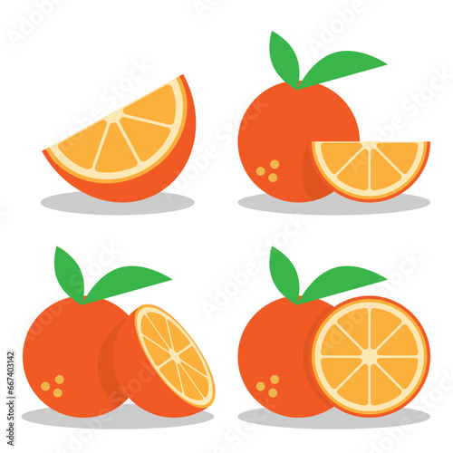Orange Illustration. Orange Vector. Orange fruit. A set of orange, whole, half, cut slice orange fruit isolated on white background. Vector illustration. All in a single layer.