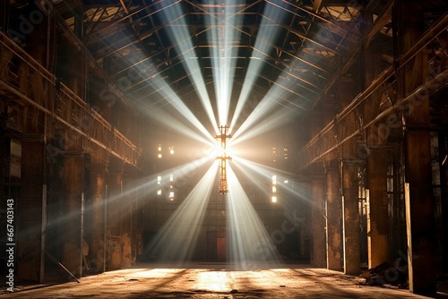 Enigmatic religious site illuminated by radiant beams through the cross. Generative AI
