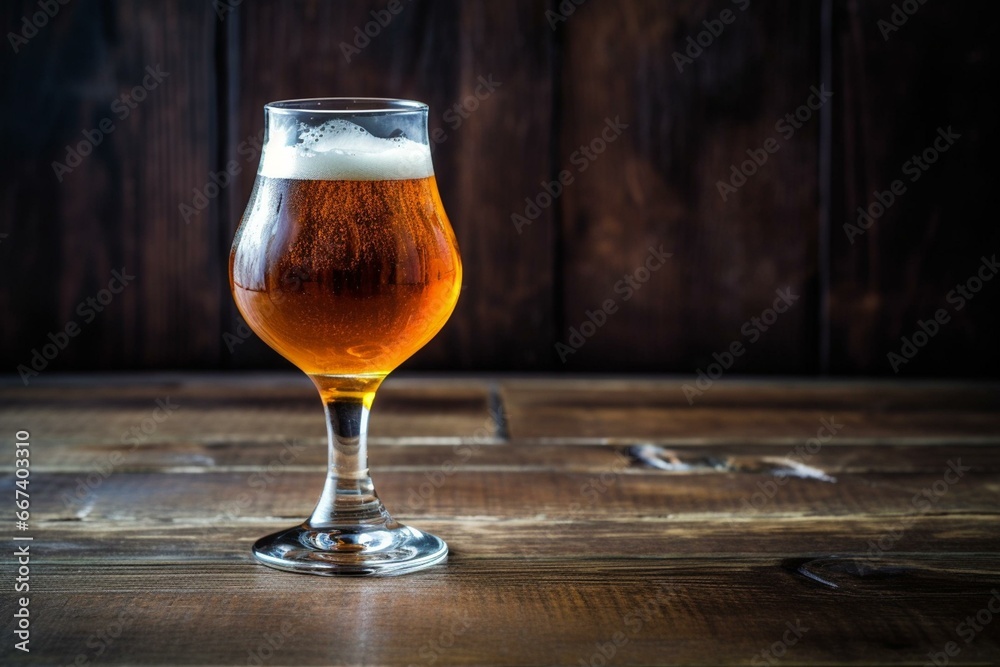 Recently brewed beer in a pint glass on rustic table, close-up. Generative AI - obrazy, fototapety, plakaty 