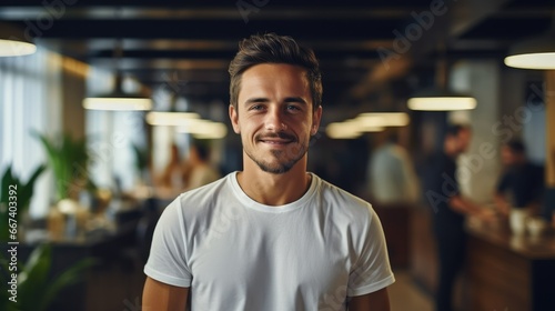 Creative man wearing a white shirt and smiling is working in office.