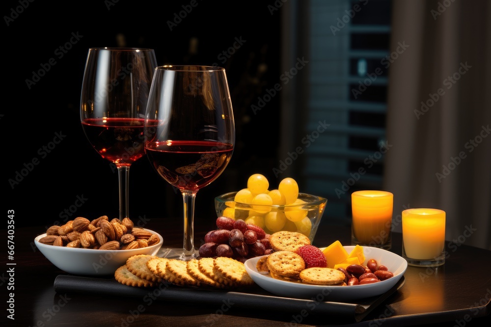 A glass of red wine, an alcoholic beverage with cold appetizers, biscuits, croutons and cheese. Suitable for decorating café and restaurant menus, promotions and food serving.