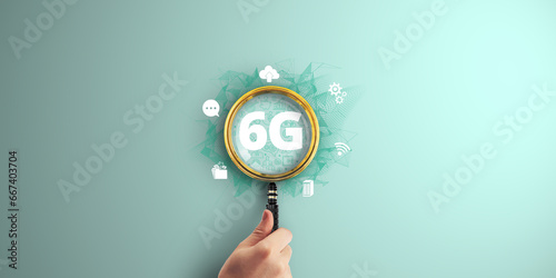 Fototapeta Naklejka Na Ścianę i Meble -  6G Wireless. The Future of High-Speed Mobile Internet Technology. Digital Marketing Magnified