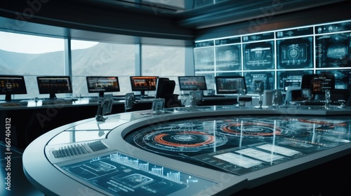 Fototapeta Naklejka Na Ścianę i Meble -  Empty desks and computers in a control room, Powering the Future, Smart Grid Control Center.