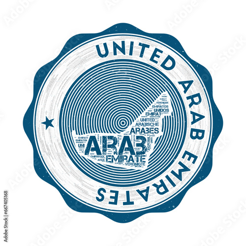 UAE seal. Country round logo with shape of UAE and country name in multiple languages word cloud. Beautiful emblem. Vibrant vector illustration.