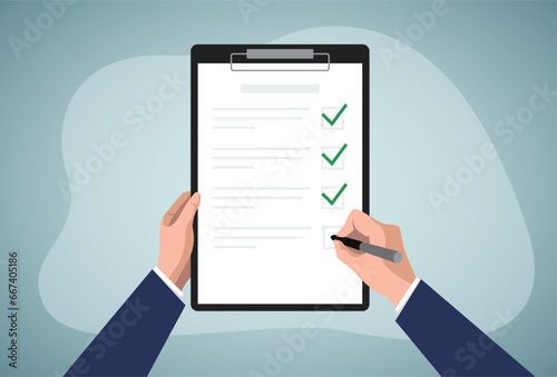 Paper checklist and pen icon. Successful formation of business tasks and goals. Flat vector pictogram