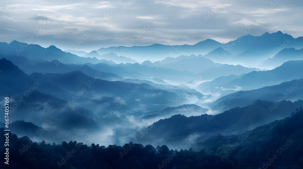 Mountain range with clouds and fog covering the peaks