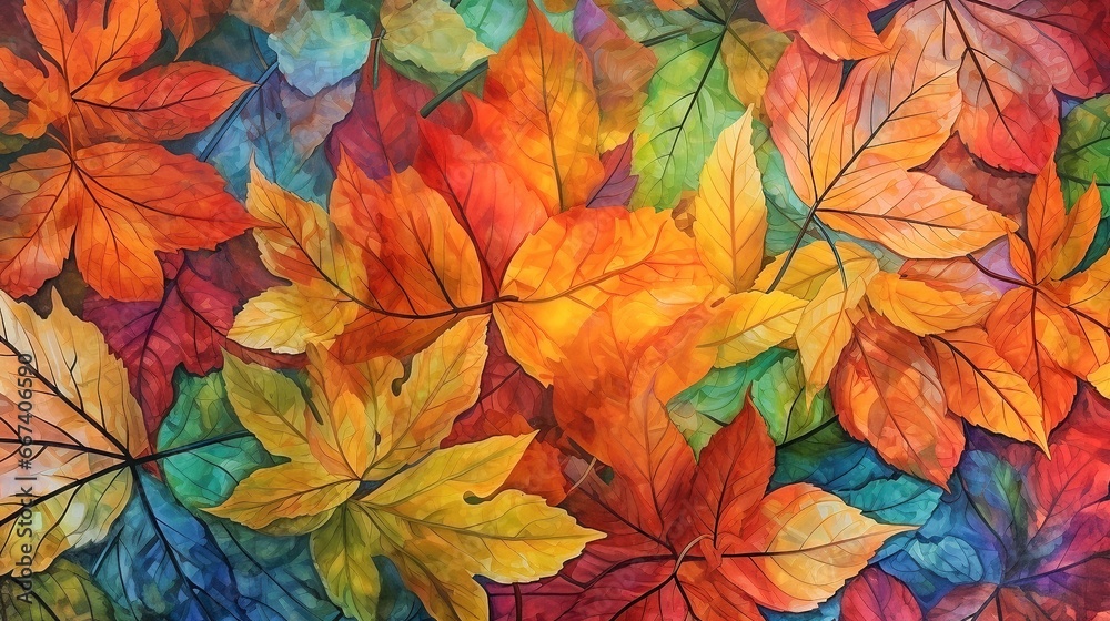 Overhead closeup watercolor illustration of densely packed maple leaves in shades of red, green and blue Overhead closeup watercolor illustration of densely packed maple leaves in shades of red, green and blue