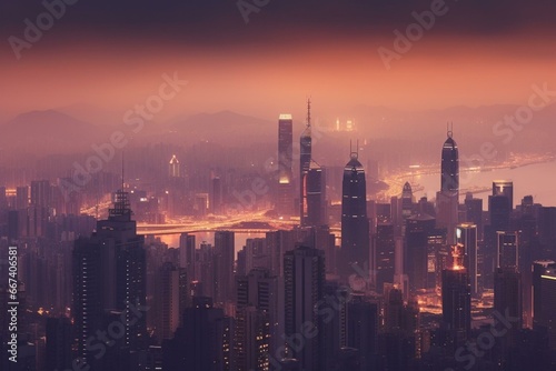 Hazy cityscape of Hong Kong's tall buildings during evening. Generative AI